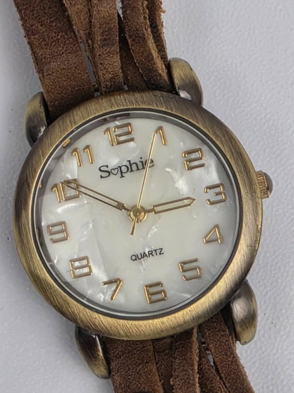 Vintage Sophie Boho Mother of Pearl Braided Brown Leather Cuff Band Quartz Watch